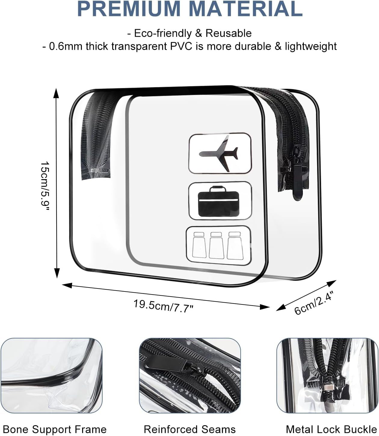 TECDW Clear Travel Toiletry Bag, 2PCS TSA Approved Airport Security Liquids Bags19.5x6cm, 1L Leakproof Clear Makeup Bags, Transparent Travel Wash Bag Holiday Essentials Luggage for Men Women (Black)