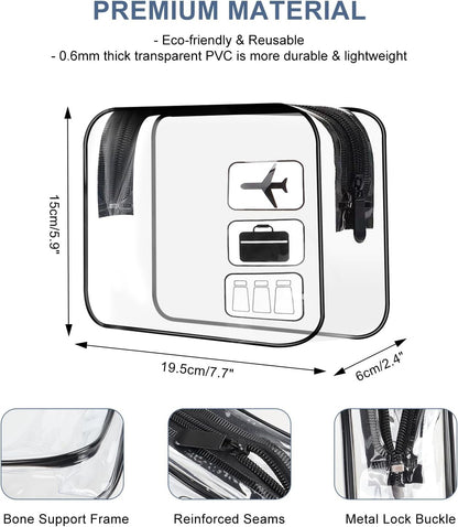 TECDW Clear Travel Toiletry Bag, 2PCS TSA Approved Airport Security Liquids Bags19.5x6cm, 1L Leakproof Clear Makeup Bags, Transparent Travel Wash Bag Holiday Essentials Luggage for Men Women (Black)