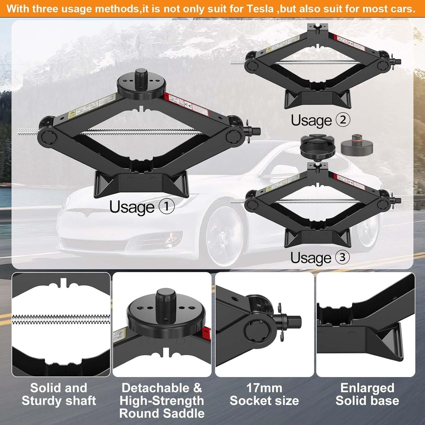 Upgrade 3 in 1 Car Jack Kit for Tesla Model Y/3/S/X, Coupe,Sedan,SUV,MPV&Truck,Scissor Jack 2.5 Ton/5512lbs Universal Car Emergency Kit with Lug Wrench Spare Tire Repair Tools