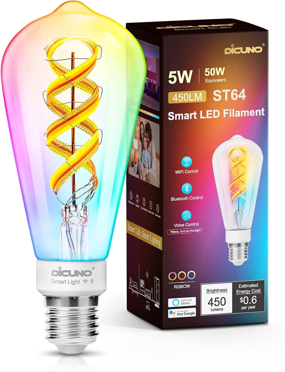 DiCUNO Smart Bulbs, E27 LED Edison Bulbs ST64, Dimmable WiFi Light, Compatible with Alexa or Google Assistant, 5W (50W Equivalent), 450LM, 100-240V, 2700K-6500K, No Hub Required