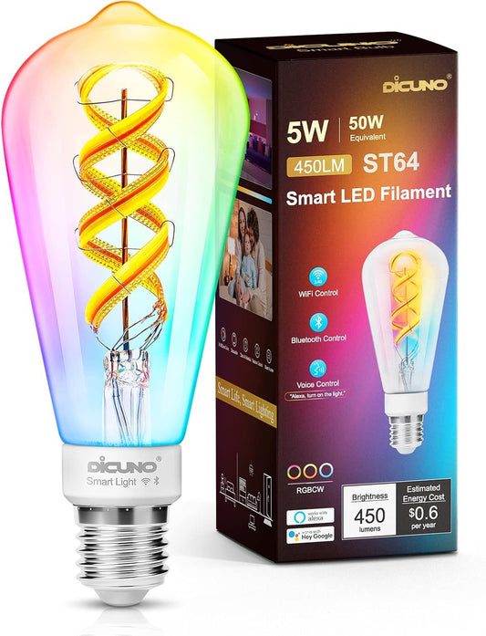 DiCUNO Smart Bulbs, E27 LED Edison Bulbs ST64, Dimmable WiFi Light, Compatible with Alexa or Google Assistant, 5W (50W Equivalent), 450LM, 100-240V, 2700K-6500K, No Hub Required