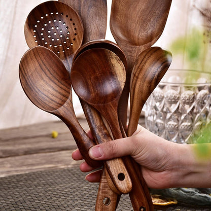 Yomiyuyr Wooden Spatula Spoon Set, Naturals Teak Wooden Cooking Utensils for Non Stick Pans, 7 Piece Set, eco friendlys Kitchen Tools with Hanging Hole