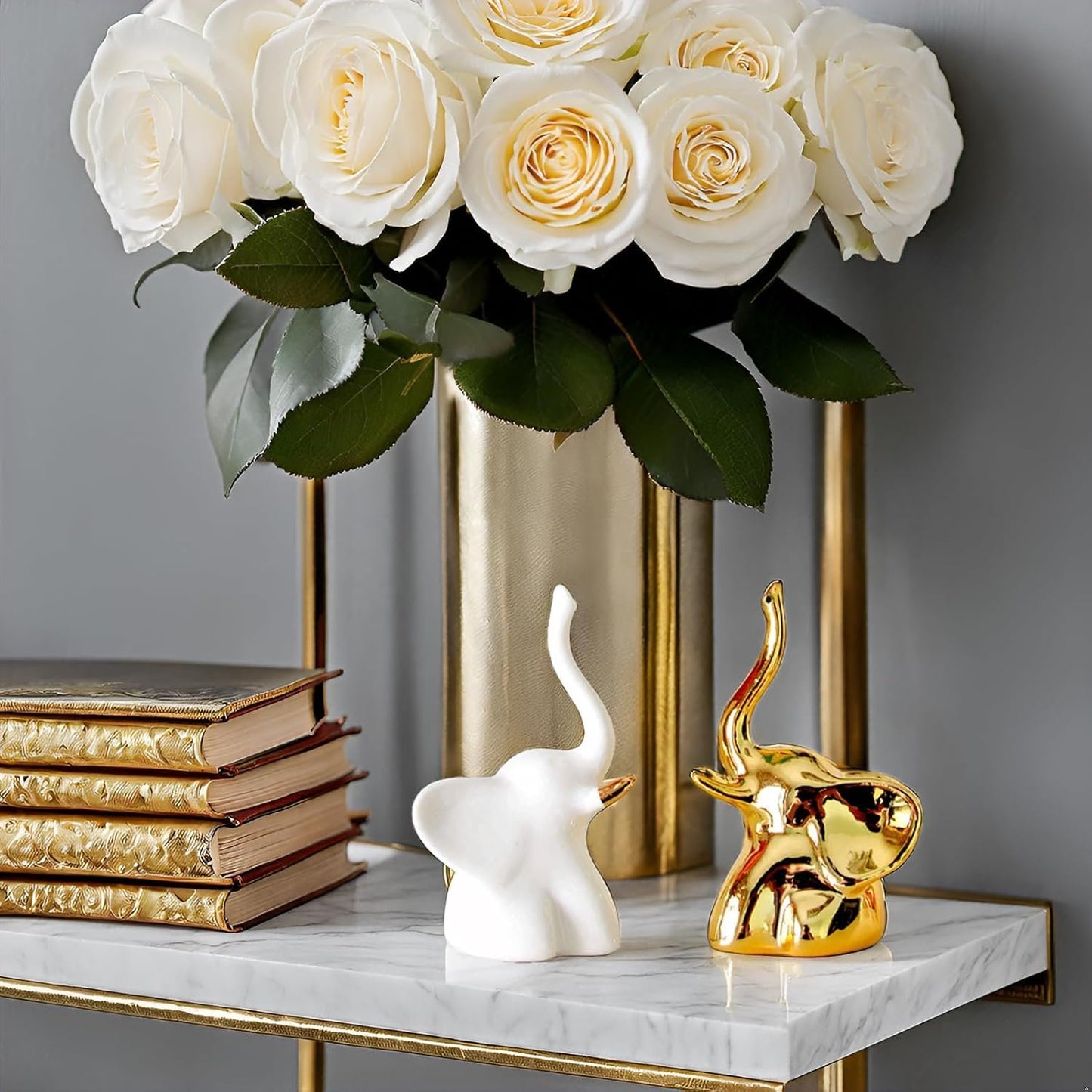BIHOIB Home Decor Elephant Statues,1 Pair, Small Decorative Accents for Shelves, Livingroom and Bedroom, Gold and White