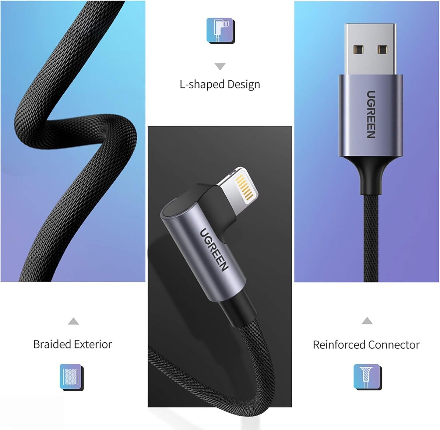 UGREEN USB A to Lightning Cable 90 Degree 1M, Apple MFi Certified iPhone Charger, Right Angle Nylon Braided Cord, Data Sync for iPhone 14 Pro Max/13/12, iPad Pro/Air/Mini, AirPods, Black