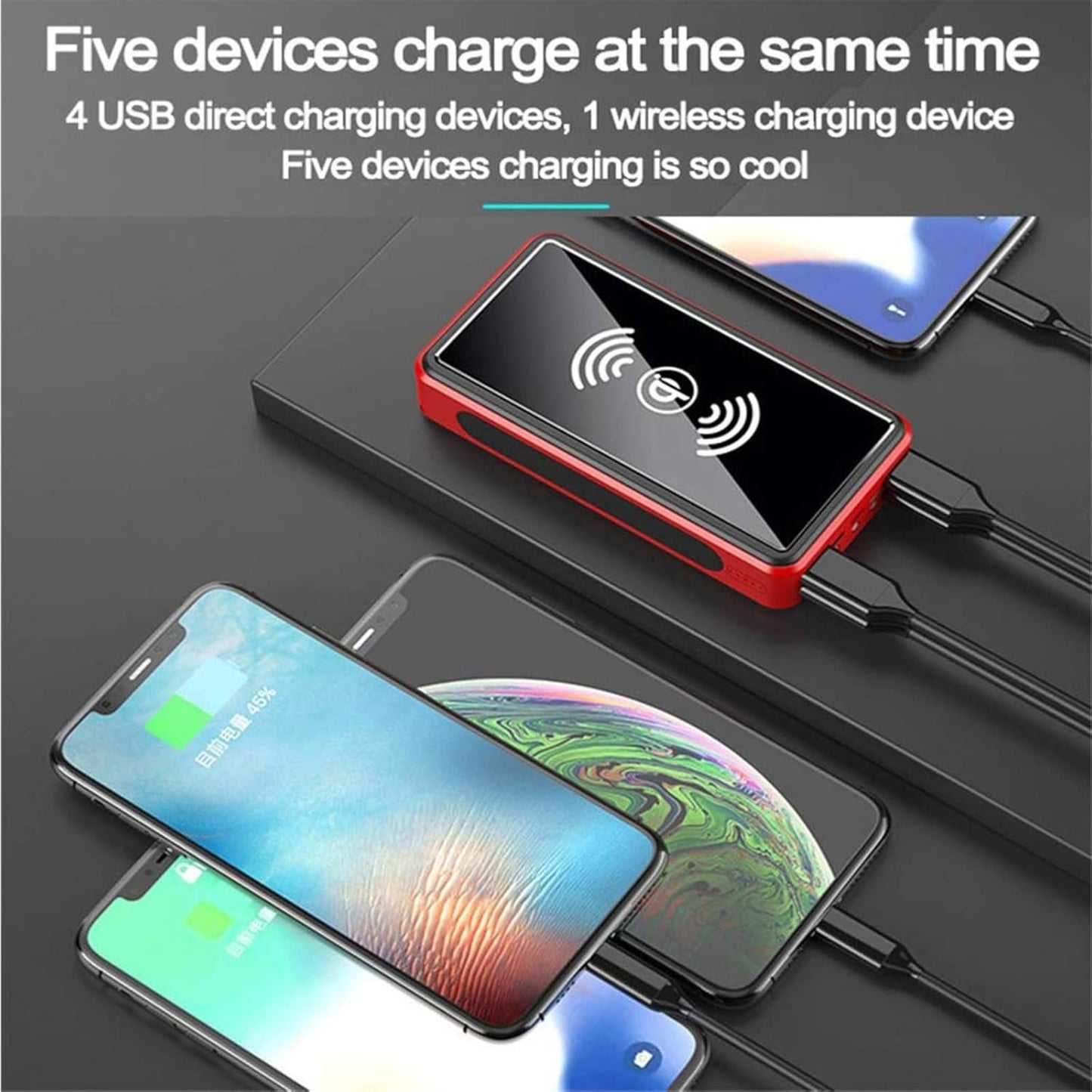 FTGOPMKN Portable Charger Solar Power Bank 50000mah/solar Powered Power Bank/Solar Rechargeable Power Bank/Mobile Cell Phone Portable Power50000mAh,Red