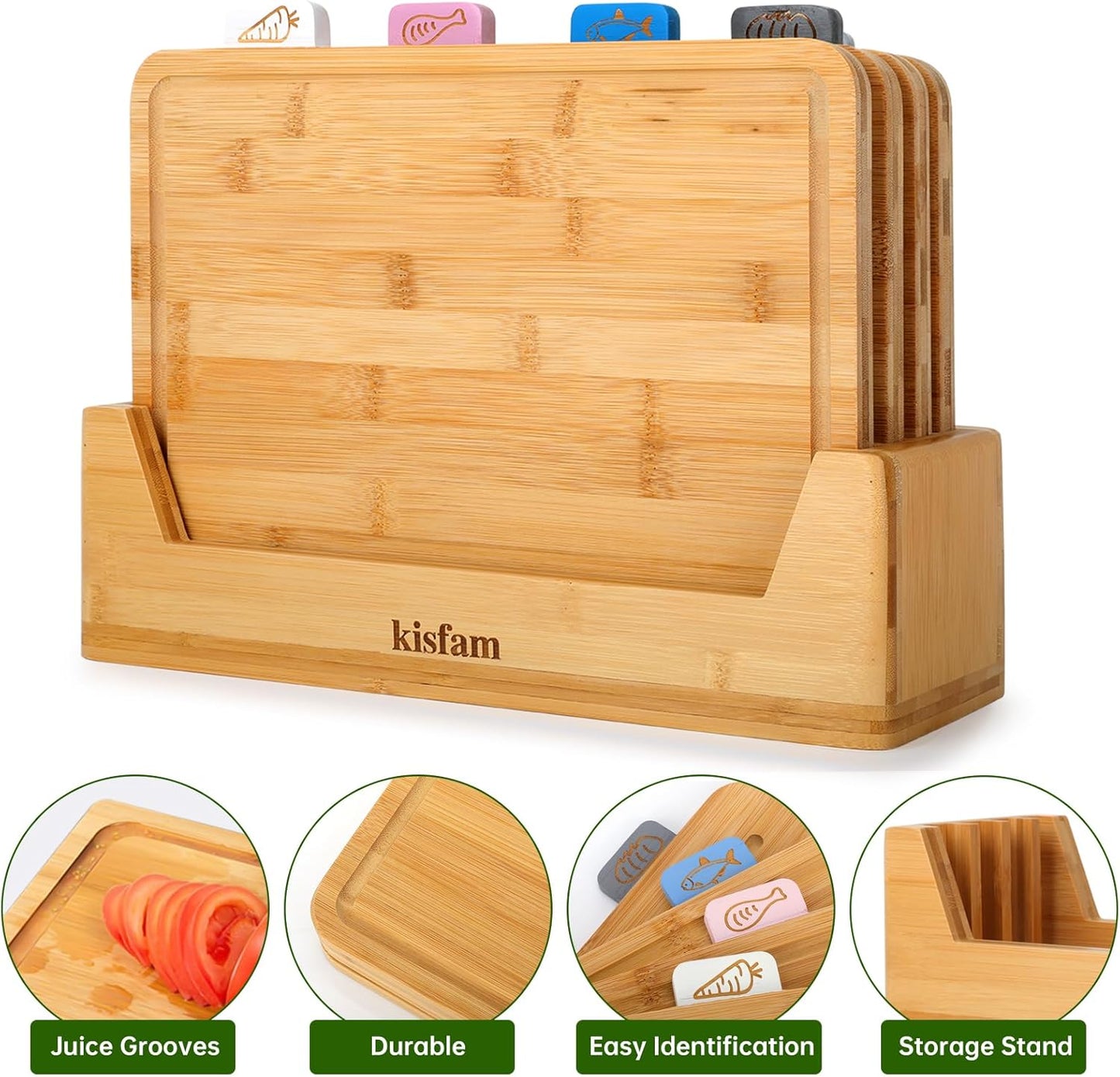 Bamboo Chopping Board, Cutting Board Set with Juice Groove, 4 Pieces Chopping Board Set with Stand, Perfect as Kitchen Tools & Gadgets, for Meat Prep Cheese Vegetables and Fruits
