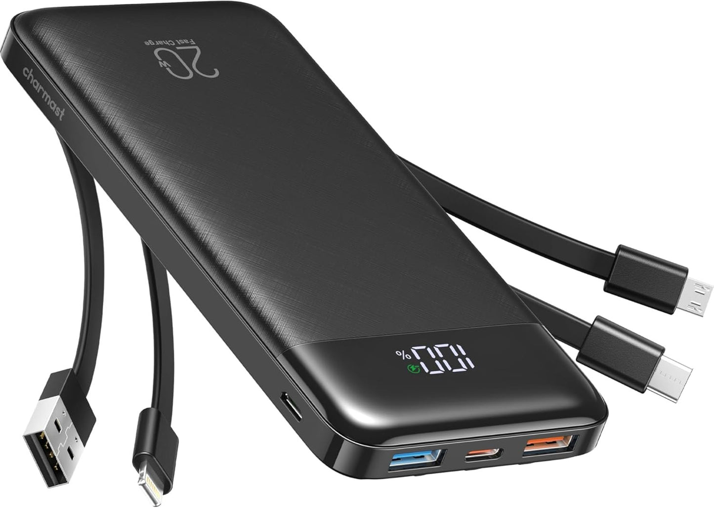 Charmast Power Bank with Built in Cables, 20000mAh USB C Battery Pack 5 Outputs 4 Inputs with LED Display Type C Powerbank,22.5W Fast Charging Portable Charger Compatible with Smartphones and More