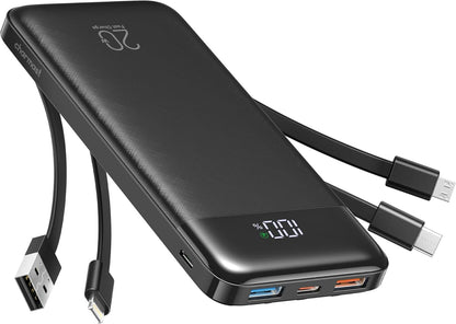 Charmast Power Bank with Built in Cables, 20000mAh USB C Battery Pack 5 Outputs 4 Inputs with LED Display Type C Powerbank,22.5W Fast Charging Portable Charger Compatible with Smartphones and More