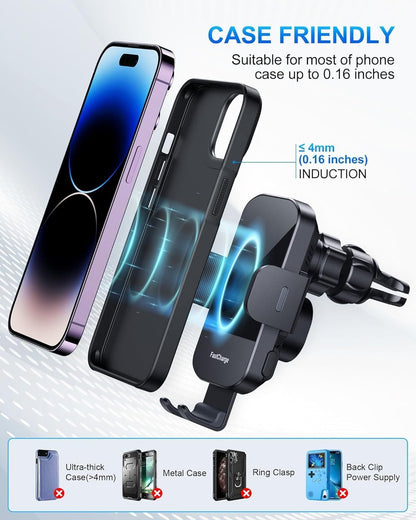 CHGeek Wireless Car Charger,15W Fast Charging Auto Clamping Car Charger Phone Mount Phone Holder fit for iPhone 16 15 14 13 12 Pro Max 11 XR XS,Samsung Galaxy S24 Ultra S23 S22 S21,S20 Brilliant Black