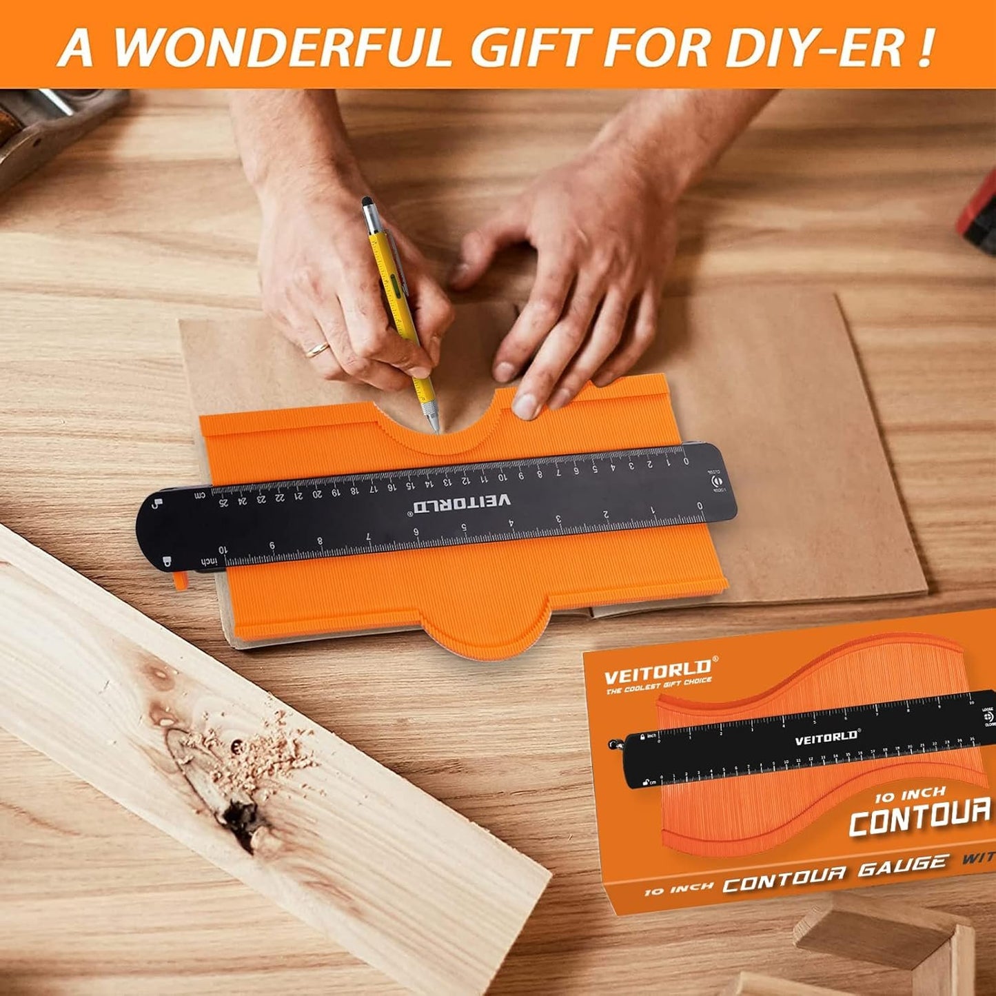 VEITORLD Contour Gauge Profile Tool (10 Inch), Fathers Day, Shape Duplicator with Lock, Unique Gifts for Men Dad Husband from Daughter Son Wife, Flooring Tools for Woodworking, Construction