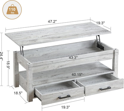 FABATO 47.2 inch Lift Top Coffee Table with Storage Drawers, Hidden Compartment, Large Farmhouse Table Lift Tabletop, Rising Tabletop Dining Table for Living Room Reception Room, Gray