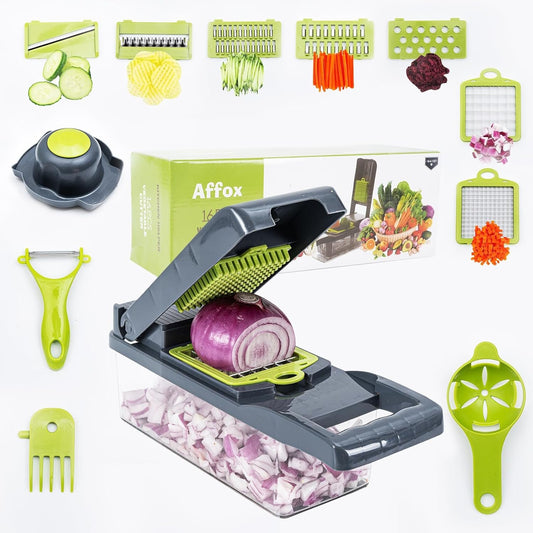Affox 16 Pcs Vegetable Chopper : Versatile Chopping Tool with Interchangeable Blades and Accessories for Effortless Food Preparation