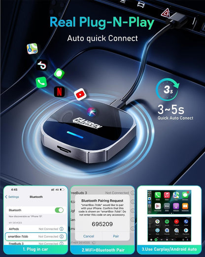 FAHREN 3rd-Gen Wireless CarPlay Adapter & Android Auto Adapter, Support Netflix/YouTube/TF Card, Car Play Wireless Adaptor for Apple&Android, Plug and Play, Fit with iPhone 8+/iOS10+/Android 11+