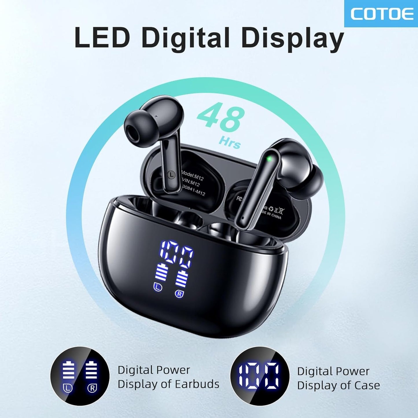 Wireless Earbuds, Bluetooth 5.3 Headphones with 48H Playtime Deep Bass Stereo LED Power Display Charging Case, IPX5 Waterproof Earphones with Mic for Sports, Workout COTOE