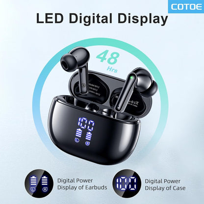 Wireless Earbuds, Bluetooth 5.3 Headphones with 48H Playtime Deep Bass Stereo LED Power Display Charging Case, IPX5 Waterproof Earphones with Mic for Sports, Workout COTOE