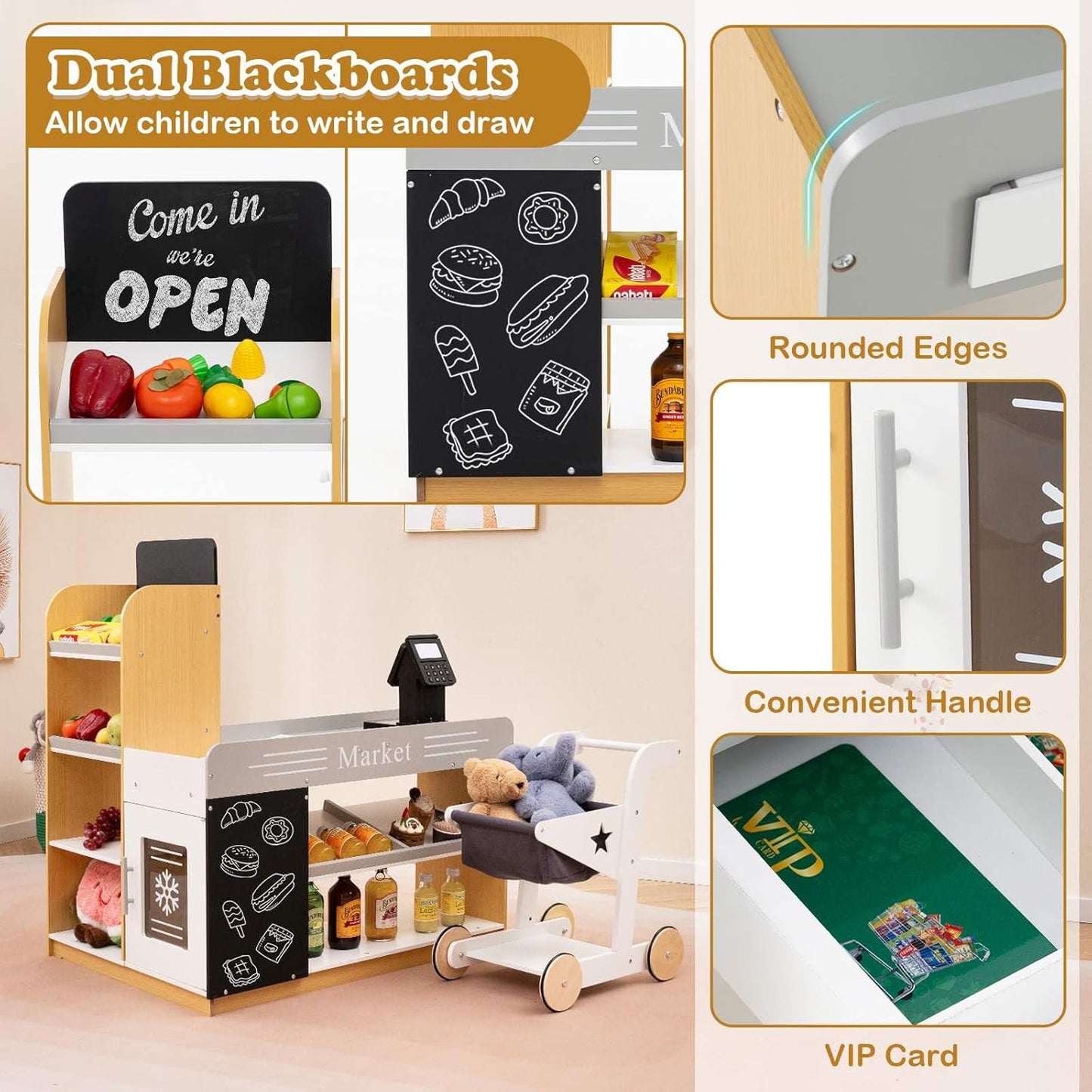 HONEY JOY Pretend Play Grocery Store Set, Kids Market Stand with Shopping Cart, 2 Chalkboards & Cash Register, Wooden Supermarket Playset with Display Shelves, Toy Playset for Children 3+ Years Old