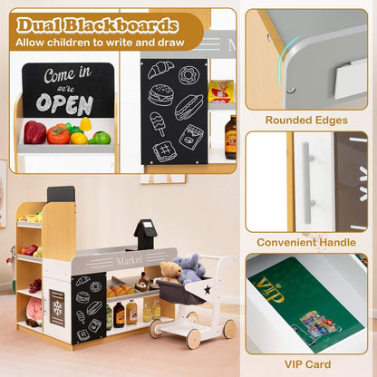 HONEY JOY Pretend Play Grocery Store Set, Kids Market Stand with Shopping Cart, 2 Chalkboards & Cash Register, Wooden Supermarket Playset with Display Shelves, Toy Playset for Children 3+ Years Old