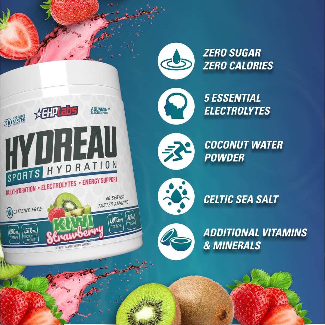 EHP Labs Hydreau Electrolytes Powder No Sugar - Hydration Powder for Endurance & Energy - Electrolyte Powder for Men & Women - Sugar Free Electrolytes - (Kiwi Strawberry, 40 Serves)