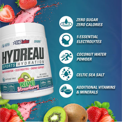 EHP Labs Hydreau Electrolytes Powder No Sugar - Hydration Powder for Endurance & Energy - Electrolyte Powder for Men & Women - Sugar Free Electrolytes - (Kiwi Strawberry, 40 Serves)