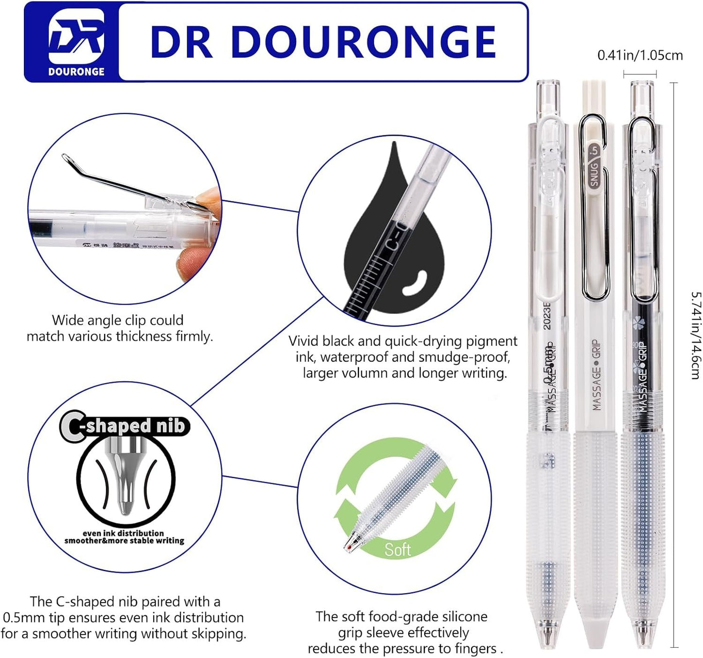DR DOURONGE™ Gel Pens 12pack, Black Ink Retractable Ballpoint Stationery Pens, 0.5mm Fine Point Smooth Writing Pens, Quick Drying Pen, Cute school supplies gift for teens, Wide Angle Clip