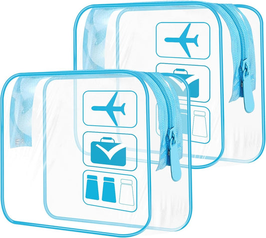 TECDW Clear Travel Toiletry Bag, 2PCS TSA Approved Airport Security Liquids Bags19.5x6cm, 1L Leakproof Clear Makeup Bags, Transparent Travel Wash Bag Holiday Essentials Luggage for Men Women (blue)