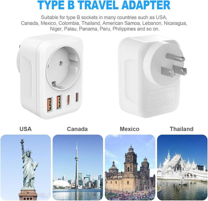Clomnpe 2 x American Plug Adapter, 5 in 1 US Plug Italian Adapter, USA Travel Adapter with 2 USB A and 2 USB C, USA Adapter for America, Canada, Mexico, Thailand (Type B Plug)