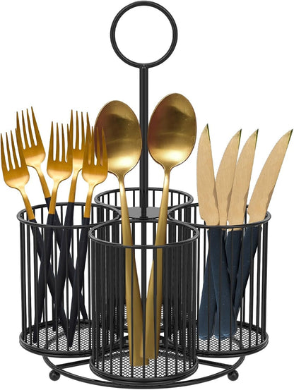 Abizarch 360° Rotating Metal Cutlery Holder - 4 Compartment Silverware Utensil Caddy Rotation Fork Spoon Napkin Organizer Flatware Storage Basket Party Countertop Buffet Picnic Camping Outdoor