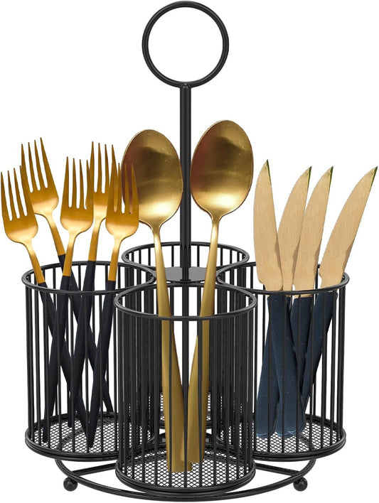 Abizarch 360° Rotating Metal Cutlery Holder - 4 Compartment Silverware Utensil Caddy Rotation Fork Spoon Napkin Organizer Flatware Storage Basket Party Countertop Buffet Picnic Camping Outdoor