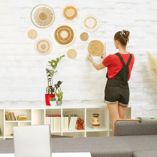 9 Pack Boho Wall Basket Set, hanging Woven Wall Basket Decor, Seagrass Rattan Wicker Boho Wall Decor, Eco-Friendly Round Wall Art for Farmhouse Bedroom Living Room Display Table Settings Kitchen Home