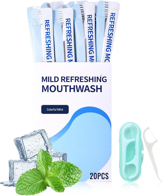 Mini Mouthwash Floss Picks Travel Size Portable Set-20 Pack Individual Small Cool Mint Mouth Wash & 10Pcs Flossers,Travel Size Toiletries and Guest Bathroom Essentials,Oral Care Gift Kit for Women Men