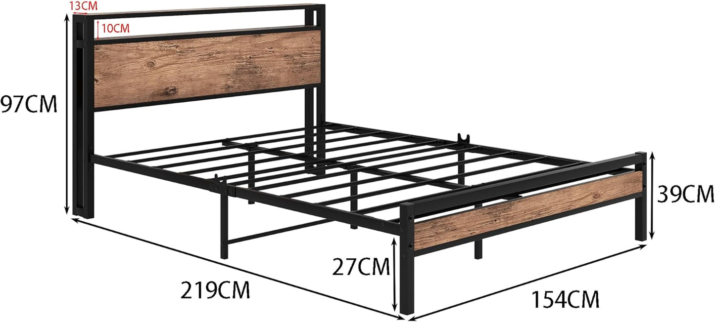 FOUBAM Queen Bed Frame with Storage Headboard,Metal Platform Bed Frame Queen Size Mattress Base No Box Spring Needed,Heavy Duty Metal Slats,Under Bed Storage,Noise-Free,Brown