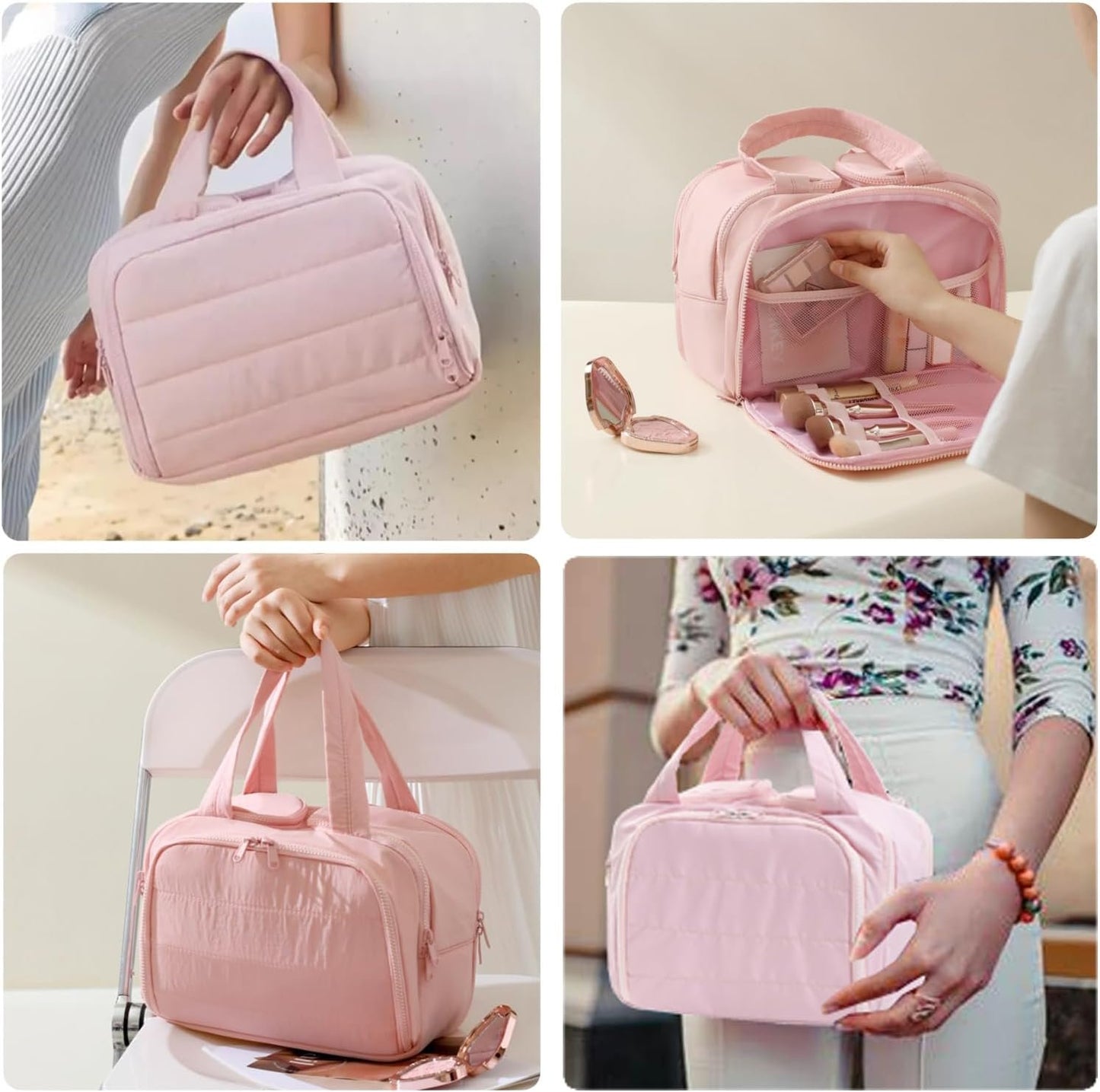 Travel Toiletry Bag, Puff Large Capacity Cosmetic Bag, Lightweight Wide Open Travel Bag for Women, Makeup Toiletry Bag Organizer with Handle for Accessories,Essentials. (Pink)