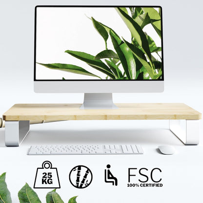 KD Essentials – heavy duty monitor stand made from bamboo with white metal (XL desktop organizer, PC/laptop/screen riser, improved ergonomic comfort, easy assembly – 23.6×11×3.86in)