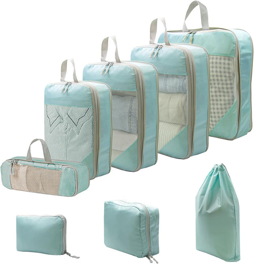 8 Pack Compression Packing Cubes for Travel, Lightweight Multi-size Compression Cubes, Travel Suitcase Luggage Organiser Bags for Clothes Shoe Toiletry Laundry Packing Organiser (Blue)