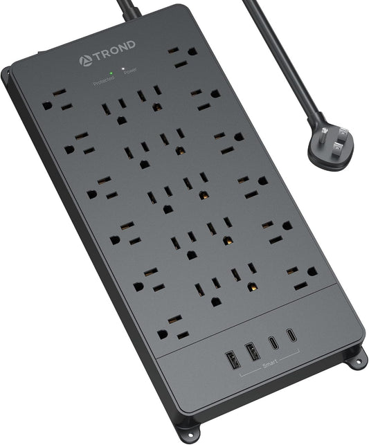 TROND Power Bar Surge Protector with USB C, 22 Widely Spaced Outlets, 5ft Flat Plug Extension Cord Indoor, 4000 Joules, ETL Listed, 14AWG Heavy Duty, Wall Mount, Home Office Desk Accessories, Black
