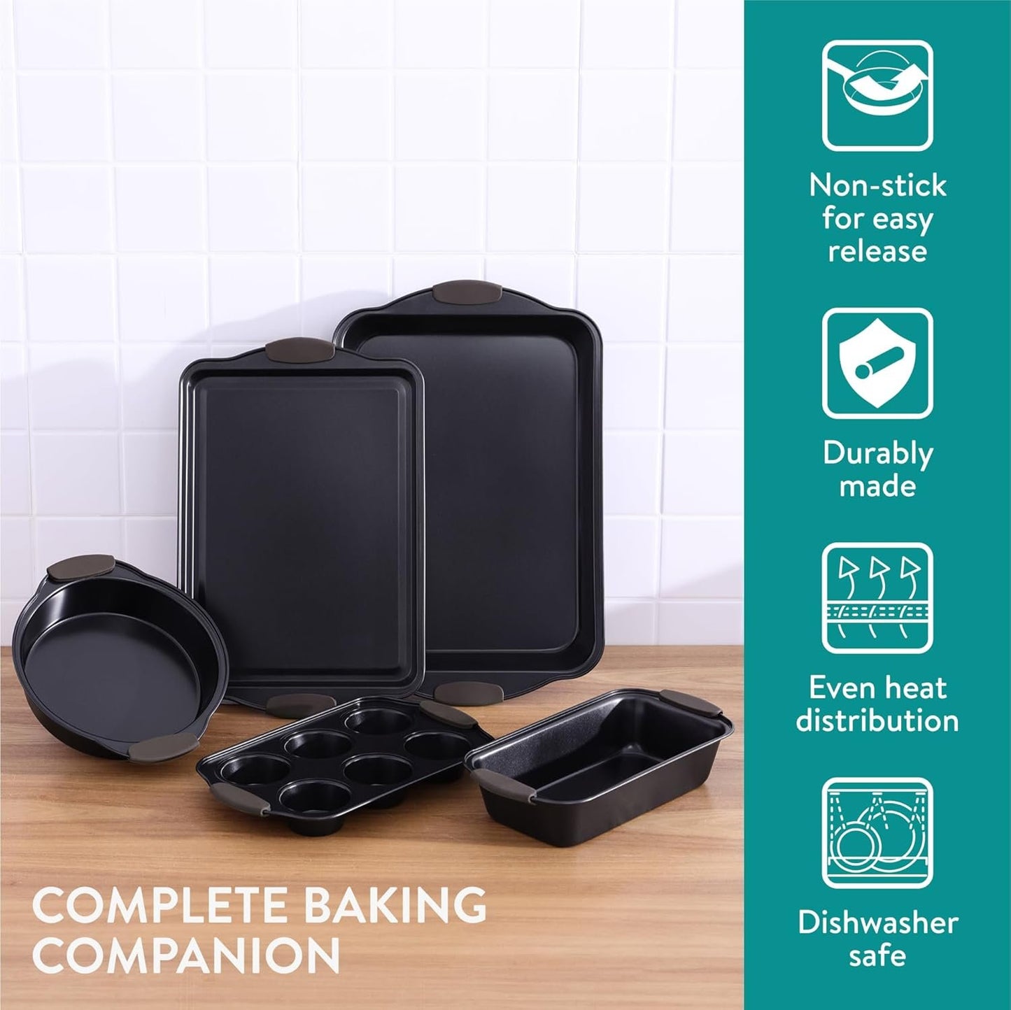 Navaris Non Stick Baking Trays, Set of 5 - Durable & Stackable Oven Baking Tray Kit - Bakeware Tins with Silicone Handles - Pans Ideal for Cake & Muffin Baking - Dishwasher Ready