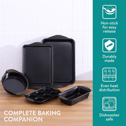 Navaris Non Stick Baking Trays, Set of 5 - Durable & Stackable Oven Baking Tray Kit - Bakeware Tins with Silicone Handles - Pans Ideal for Cake & Muffin Baking - Dishwasher Ready
