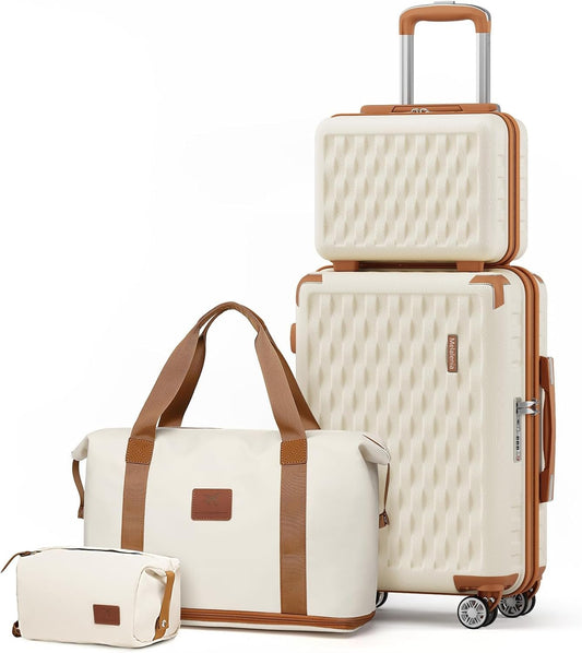 Melalenia Luggage Set 4 Piece Carry On, ABS Hardside Suitcase with TSA Lock and Spinner Wheels,Beige Brown(20 inch)