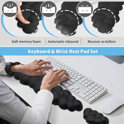 Keyboard & Wrist Rest Pad Set of 2, Keyboard Cloud Wrist Rest, Ergonomic Soft Cloud Mouse Pad with Non-Slip Base, PU Leather Memory Foam Soft Keyboard Rest for PC Gaming Office Computer (Black)