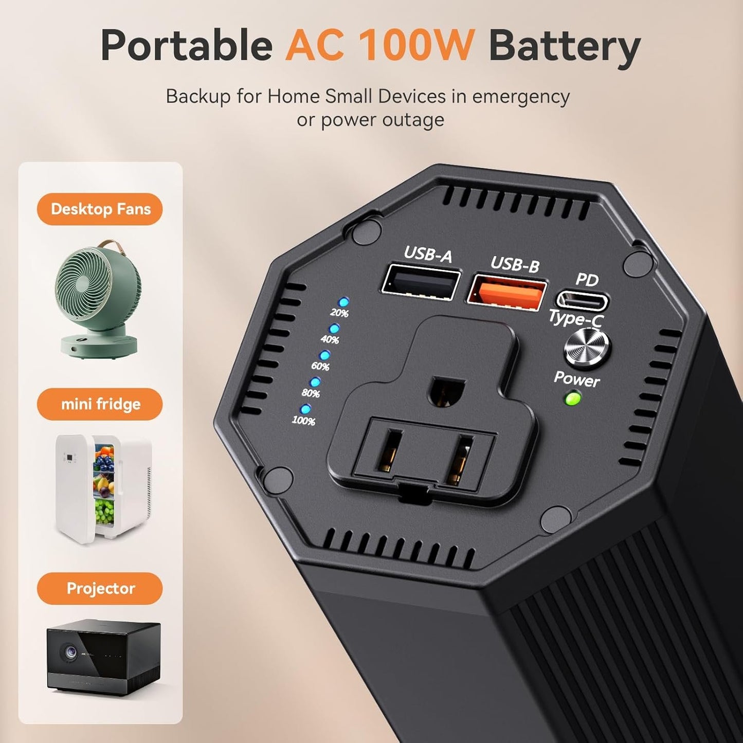 Portable AC Power Bank, Dual 65W PD Laptop Battery Bank, Peak 100W/27000mAh Power Station Super Travel Portable Battery Pack for Outdoor Camping Travel Home Office Hurricane Emergency Use
