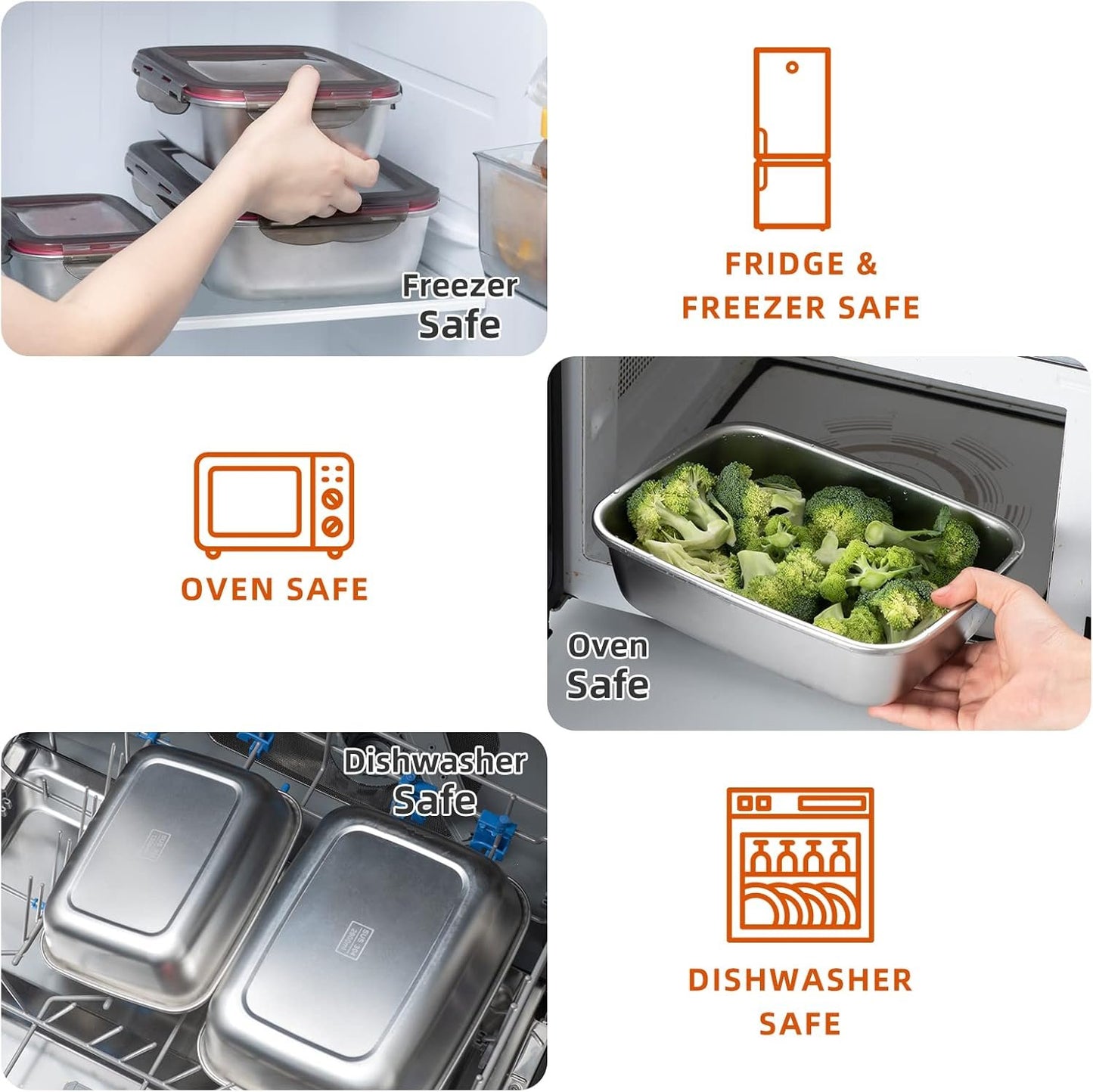 FAB4HOME Leak-proof Stainless Steel Food Storage Container Set of 3 Meal Prep Food Container with Lids Metal Fresh Storage Container for Freezer Oven Dishwasher Safe, 600ml/ 1500ml/ 2900ml Stackable