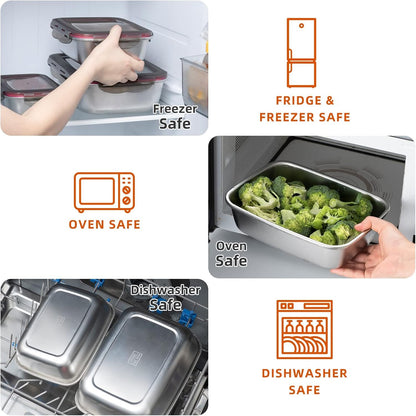FAB4HOME Leak-proof Stainless Steel Food Storage Container Set of 3 Meal Prep Food Container with Lids Metal Fresh Storage Container for Freezer Oven Dishwasher Safe, 600ml/ 1500ml/ 2900ml Stackable