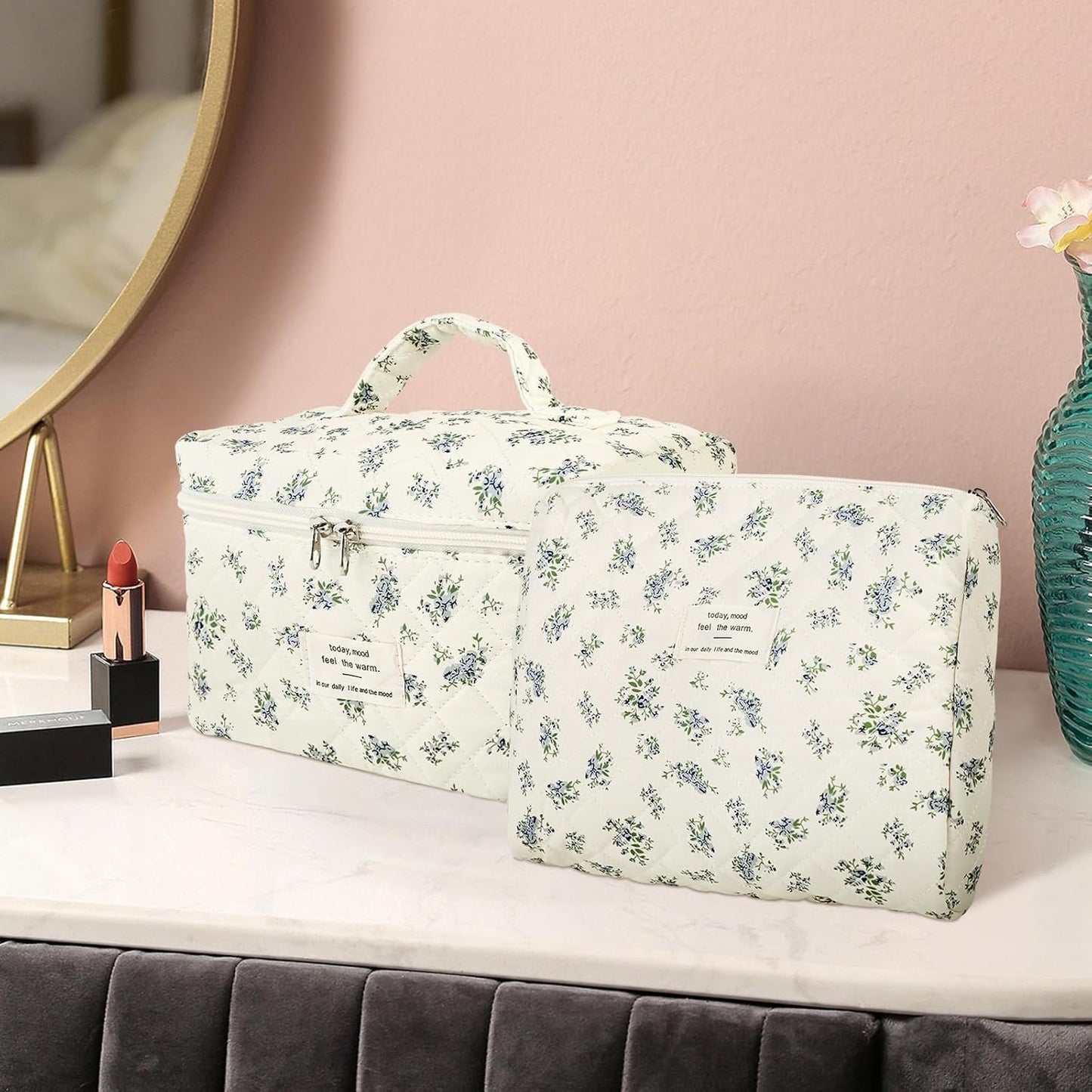 Large Makeup Bag Floral Cosmetic Bag Quilted Flower Travel Makeup Toiletry Bags Set Organizer Cotton Cute Make Up Accessories Zipper Bags Pouch Travel Essentials Gifts for Women Teen Girls Blue