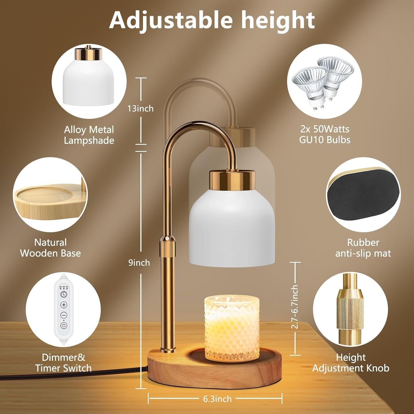 Candle Warmer Lamp with Timer and Dimmer, Candle Lamp with 2 Bulbs, Height Adjustable, Wax Melt Warmer for House Warming & Home Decor, Best Wax Warmer for Scented Candles
