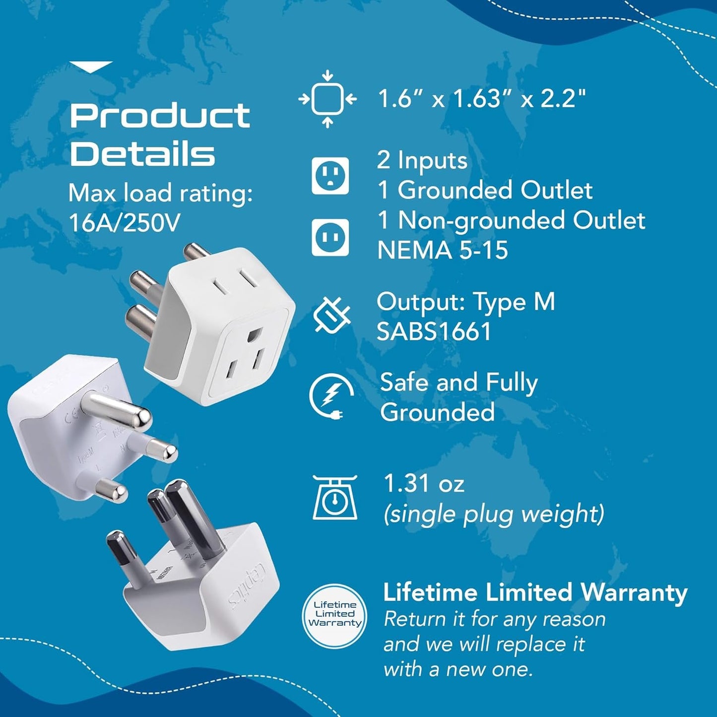 Ceptics Canada to South Africa, Botswana, Namibia Travel Adapter (Type M) - Dual Input - Ultra Compact - Charge your Cell Phone, Laptops, Tablets (CT-10L, 3 Pack)