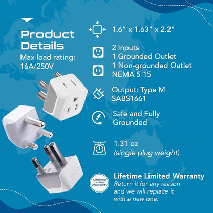 Ceptics Canada to South Africa, Botswana, Namibia Travel Adapter (Type M) - Dual Input - Ultra Compact - Charge your Cell Phone, Laptops, Tablets (CT-10L, 3 Pack)