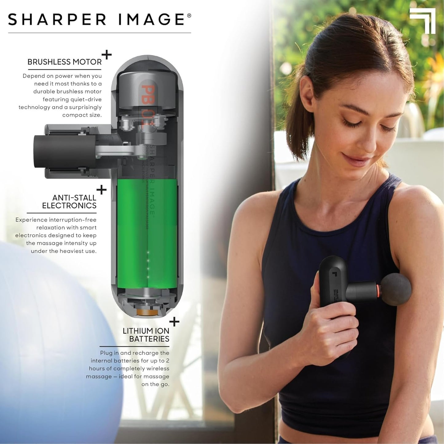 Sharper Image Deep Tissue Portable Percussion Massage Gun, Powerboost Move Full Body, Back & Neck Muscle Massager with 4 Attachments - Handheld Rechargeable Electric Massage Gun for Athletes