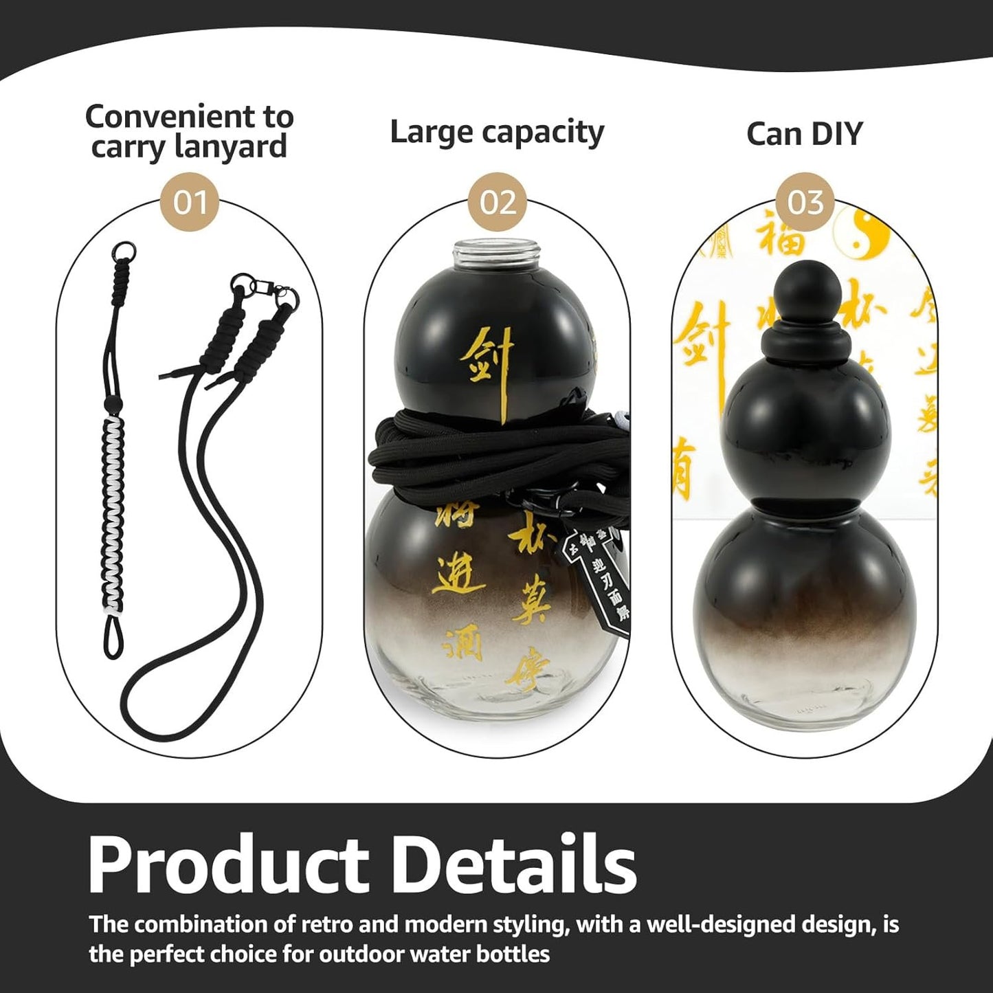 Gourd Water Bottle, 28oz Large Gourd Style Tritan Water Bottle, Drinking Gourd Bottle Gourd Drinking Cup Jug w Strap Waist Rope Cup Brush Charm DIY Sticker, Leak Proof Screw Top Sports Water Bottle