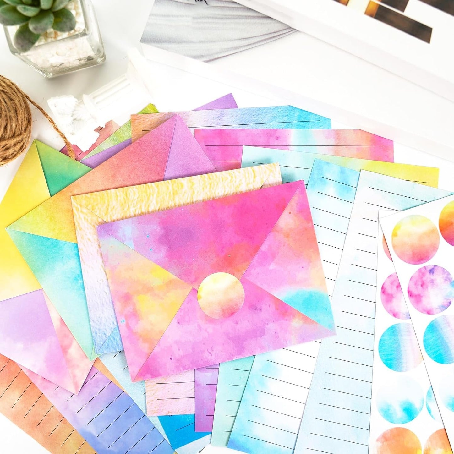 160 Packs Mini Watercolor Stationery Paper Set 10 Styles Designs Pastel 50 Matching Letter Envelopes 50 Stationery Writing Papers 60 Round Dot Sticker for Office School Supplies