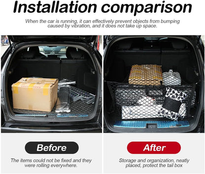 TSUGAMI Car Rear Cargo Net, Double-Layer Adjustable Stretchable Elastic Storage Organizer Net, Trunk Cargo Storage Mesh Net with Hooks, Car Interior Accessories Fit for Car, Trucks, SUV (Large)